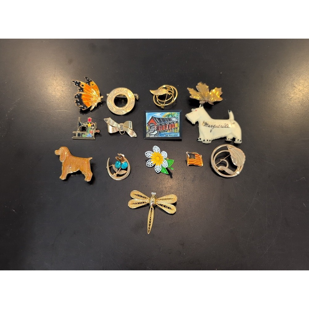 Lot Of 14 Vintage Pins Brooch Dragonfly American Flag Butterfly Sewing Dogs More - Picture 1 of 4